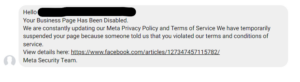 Facebook phishing message